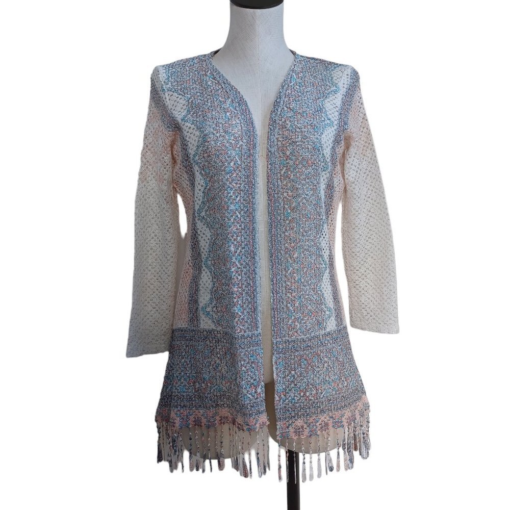 Reba Womens Blue Coral Paisley Open Front‎ Cardigan Beaded Fringe USA Small